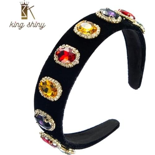King Shiny Vintage Color Geometric Crystal Headband Elegant Sparkly Rhinestone Beaded Black Velvet Hairband Girls Party Headwear