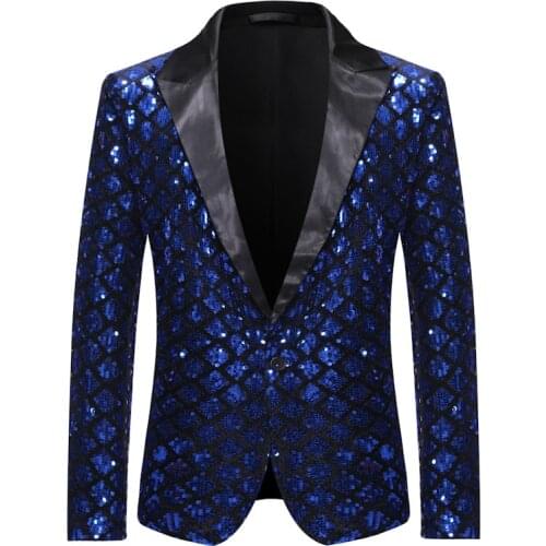 Shiny Royal Blue Sequin Glitter Blazer Men Party Nightclub Prom Mens Blazer Jacket DJ Nightclub Stage Singers Costume Homme XL