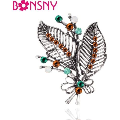 Bonsny Alloy Rhinestone Leaf Foliage Brooches Scarf Clothes Decoration Pin For Women Fashion Plant Jewelry Lady Accessories Bulk