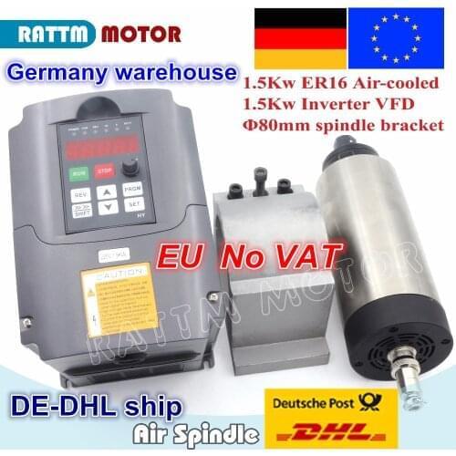 DE Free VAT 1.5KW ER16 Air-cooled spindle Motor 80x200mm & 1.5KW Inverter VFD 220V & 80mm aluminium calmp for CNC Router Grind