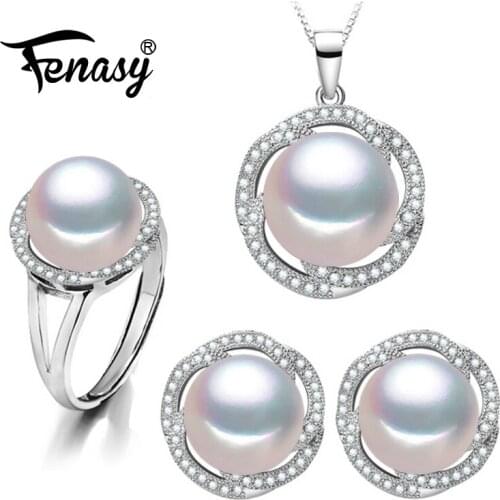 FENASY 925 Sterling Silver Jewelry Sets Natural Pearl Stud Earrings Custom Bohemian Pendant Chain Necklace For Women Ring Set