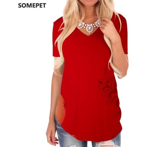 SOMEPET Christmas T-shirt women Red Tshirts Printed Graphics V-neck Tshirt Party Funny T shirts Womens Clothing Fashion Cool