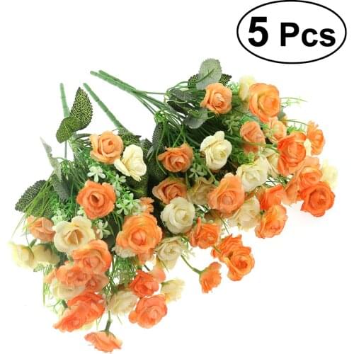 5pcs Artificial Rose Silk Single Stem with 5 Branches Fake Plants Simulation Flowers for Party Wedding Home Decoration Orange