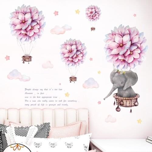 Beautiful Pink Flower Hot Air Balloon Cartoon Elephant Wall Stickers for Kids Room Baby Nursery Room Decoration Wall Decals PVC