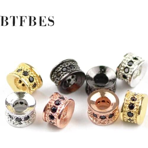 BTFBES 4pcs flat Round cylinder Plating spacer copper Beads Men Charm Bracelet Special septa Black Pave CZ Loose bead Jewery DIY