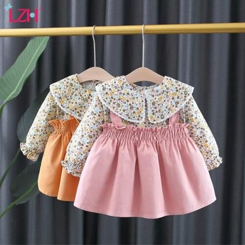 LZH 2021 Baby Girl Costumes 0-1-3-4 Years Infants Girls Princess Dress Sweet Printing Clothing For Kids Dresses Cute Baby Sets