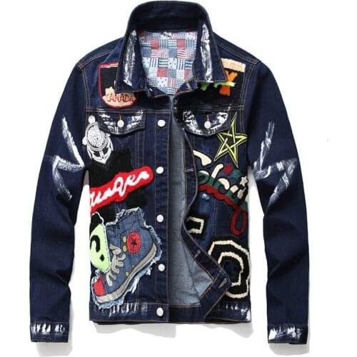 Fashion Denim Jacket Badge Paint Decoration Long-sleeved Jacket Single-breasted Casual Cool Running Denim Coat Plus Size Clothes