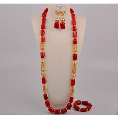 Fashion Long Necklace Red Coral Jewelry Set for Men Women Nigerian Wedding African Beads Jewelry Set