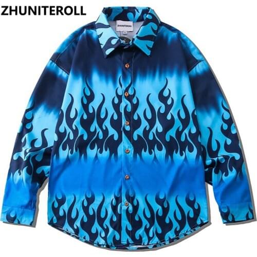 Mens Shirts Gothic Flame Print Button Down Longsleeve Shirt For Men Japanese Fashion Streetwear Hawaiian Beach Harajuku Tops