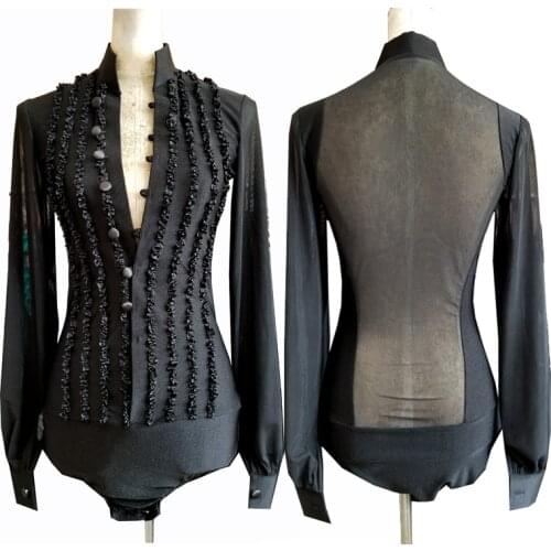 Mens Professional Latin Dance Competition Top Lace Pleated V-Neck Black Shirt Tango Waltz Ballroom Dancing Show Costume VDB2598