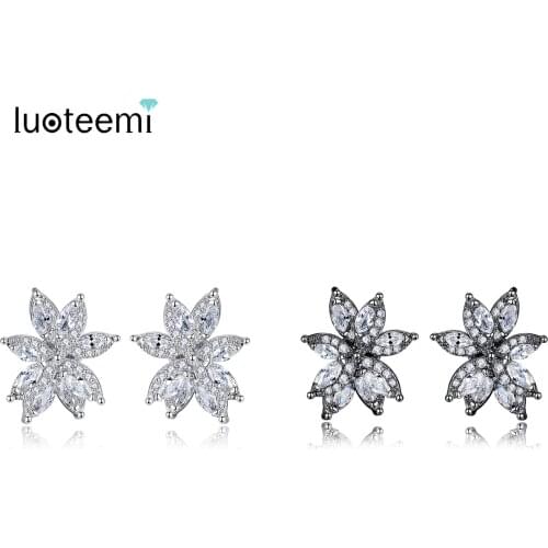 LUOTEEMI New Exquisite Flower Stud Earrings for Women Wedding Party Luxury CZ Popular Jewelry Brincos Two Colors Christmas Gift