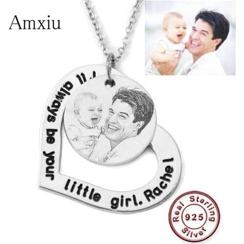 Amxiu Custom Photo Necklace Engraving Words Heart Pendant Necklace Personalized 925 Sterling Silver Jewelry For Women Girls Gift