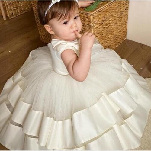 Puffy Tiered One Shoulder Stain Baby Birthday Gowns Flower Girl Wedding Dresses with Bow First Kids Communion Pageant Gowns