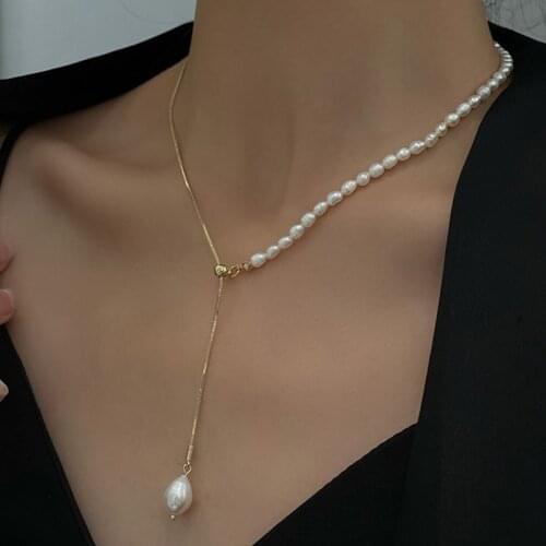 SRCOI Luxury Freshwater Pearl Beaeded Chokers Necklace Female Simple Asymmetric Snake Chain Y Long Necklaces Adjustable Pendant