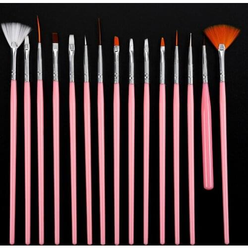 PINK 15PCS/SET Acrylic Nail Art Brushes Design Painting Dotting Pens Tools Kits Sets Beauty Salon