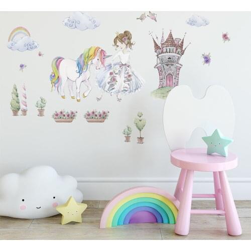 DIY Vinyl Self-adhesive Stickers Beautiful Princess With White Horse Kids Room Decoration Girl Bedroom Wall Decor Flower Decals