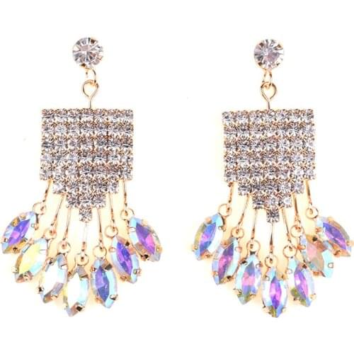 BK Colorful Crystals Earrings Shinny Clear White Acrylic Rhinestone Flowers Drop Stud Hook Tassels Woman Fashion Jewelry