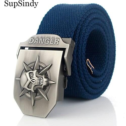 SupSindy mens canvas belt Danger Skull metal buckle military belt Army tactical jeans belts high quality men strap Army green