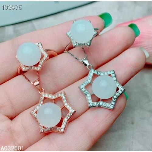 KJJEAXCMY fine jewelry natural White jade 925 sterling silver women pendant necklace chain ring set support test fashion
