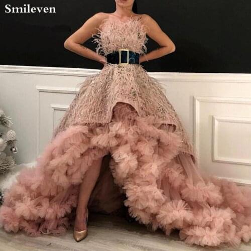 Smileven Sexy Evening Dresses 2019 Strapless High Low Prom Dresses Feathers Saudi Arabic Women Formal Prom Party Gowns