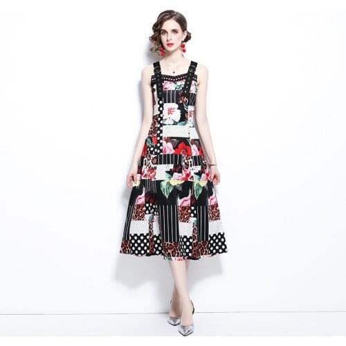 Runway Vintage Polka Dot Flower Leopard Print Adjustable Strap Summer Dress Women Bohemian Vacation Overalls Vest Vestidos k2066