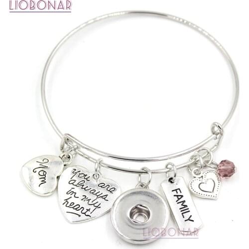 1PC Snap Jewelry Family Memorial MOM Charm Bracelet Wire Bangle Snap Bracelets for Memorial MOM Mother Birthday Gift