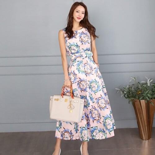 2020 New Summer Korean Women Floral Sexy O-Neck Sleveeless Loose Maxi Dresses Lady Office Elegant Robe Shirt Vestidoes Female