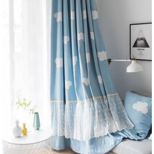 White Clouds Patterns Blue Cartoon Cotton Linen Velvet Embroidered Curtains for Living Dining Room Bedroom Childrens Room