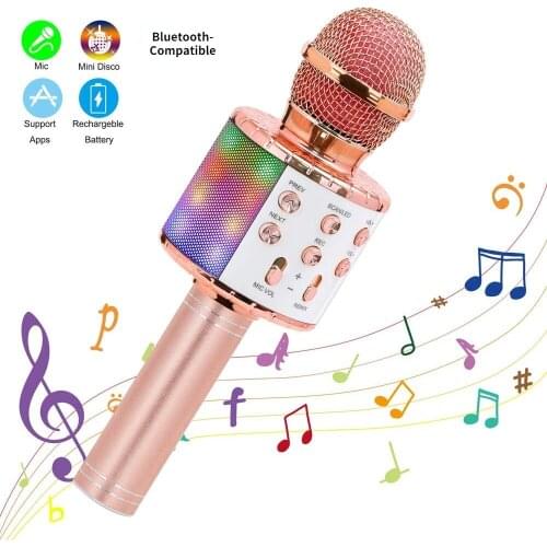 Wireless Karaoke Microphone Bluetooth Handheld Portable Speaker Home KTV Player with Dancing LED Lights Record Function for Kids