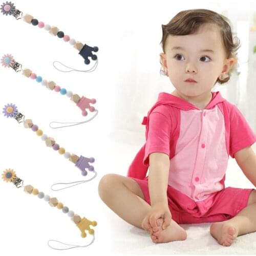 Pacifier Chain Silicone Wood Beads Crown Cartoon Flower Pendant Strap Nipple Teether Towel Newborn Toddler Care Supplies