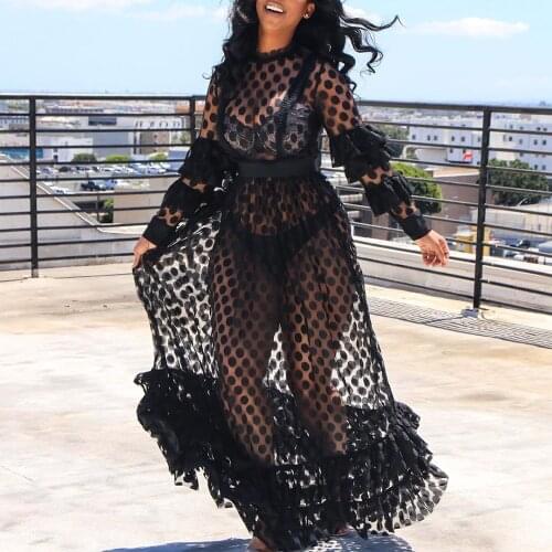 Black Beach Dress Long Women Mesh Hollow Out Sexy Fashion Falbala Polka Dots Print Long Sleeves Vintage Maxi Dresses Plus Size
