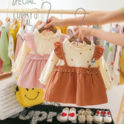 Childrens Dresses for Girls Spring Long Sleeve Ruffle Dress Cartoon Rabbits Heart Printing Party Dresses Baby Girl Clothes 2021