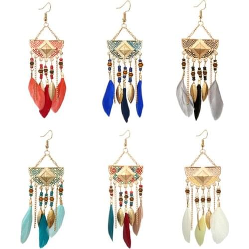 Boho Feather Long Tassel Dangle Earring Ethnic Tribal Geometric Metal Pendant Earring Shellahrd Charm Jewelry Women Accessories
