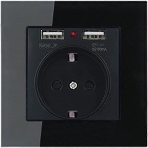 Germany Crystal Glass Panel Dual Usb Charge Port 2.1a Wall Charger Adapter Led Indicator 16a Eu Socket Power Outlet Black Color