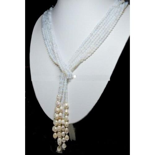 Hot Long Charming 3 Strands 4mm White Moonstone Bead & White Pearl Necklace 48"
