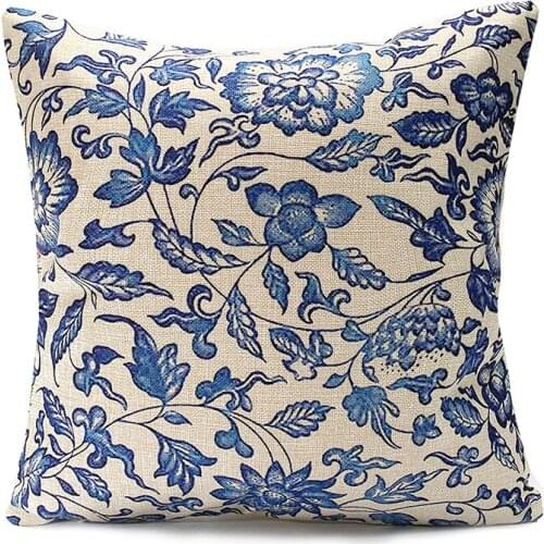 Hot Vintage Geometric Flower Cotton Linen Throw Pillow Case pillow Cover Home, #40 Chinese Blue Floral