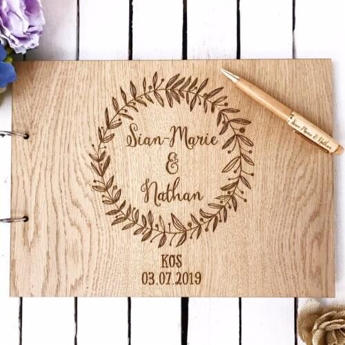 Personalized Wreath Wedding Guest Book,Your Name and Date Customized Guest Book,Hard Wood Cover Guest Book,Bridal Shower Gift