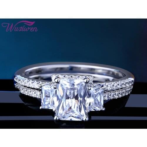 Wuziwen Solid 925 Sterling Silver Wedding Rings For Women Rectangle 3 Stones Engagement Rings Bridal Set AAAAA Zircons BR0874
