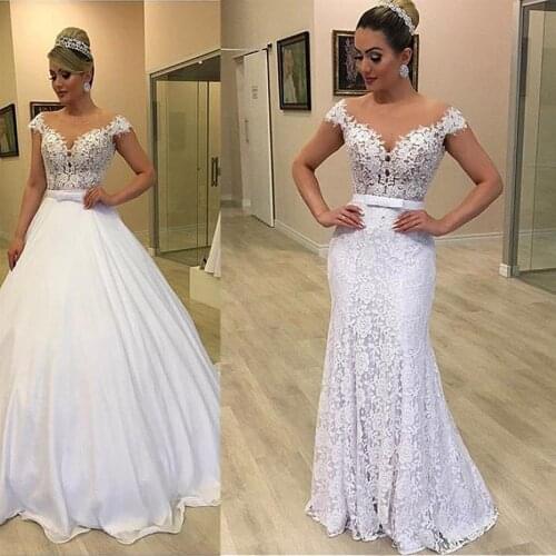 Lace Jewel Neckline Mermaid Wedding Dresses With Detachable Skirt Bowknot Two Pieces Lace Bridal Dress Wedding Gown