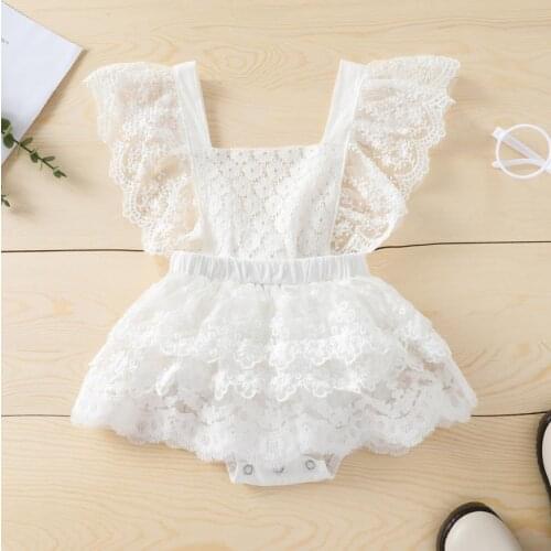 Summer Baby White Bodysuits Lace Square Neck Ruffled-Sleeve Backless Jumpsuit Layered Skirt Rompers Baby Girls Sunsuit