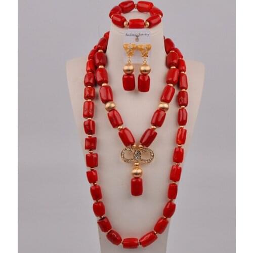 Fashion Red Nigerian Wedding Coral Necklace African Beads Jewelry Set for Women 11-D02