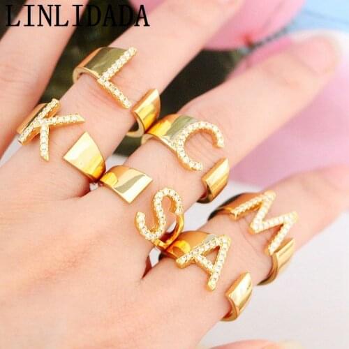 10Pcs Fashion Gold Color 26 Intitial Letter Open Adjusable Ring, Clear Zirconia Pave CZ Party Rings For Women Men