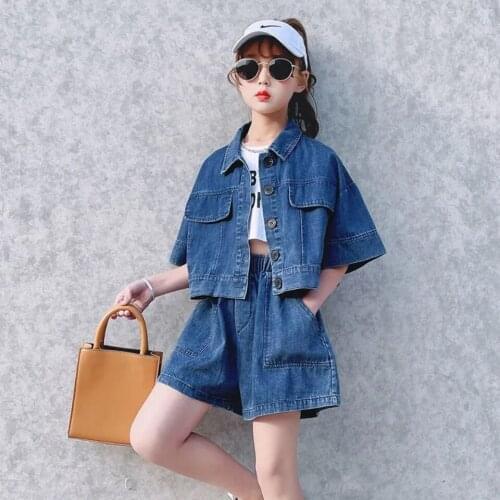 New Sale 2021 Solid Color Denim Baby Girl Summer Suit Short Sleeve t-shirt + Shorts 2Pcs/set Casual Fashion School Girl Outfit