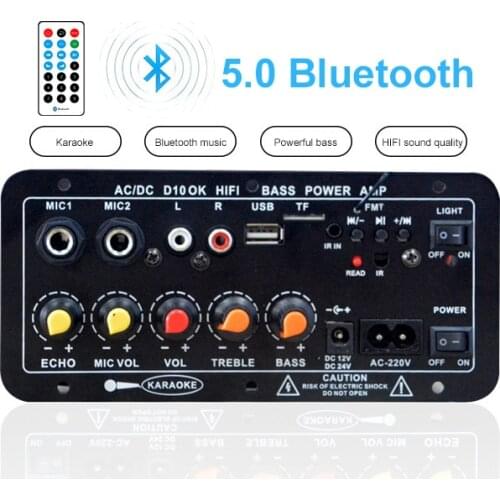 Car Bluetooth Amplifier Board AC 220V DC 12V 24V Digital Stereo Subwoofer Dual Microphone Karaoke Amplifiers For Car Speaker