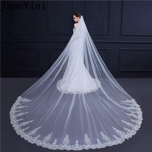 JaneVini Attractive 3.5 Meter Wedding Veil Accessories White Ivory Lace Edges Wedding Long Veils Bridal Veil With Comb One Layer