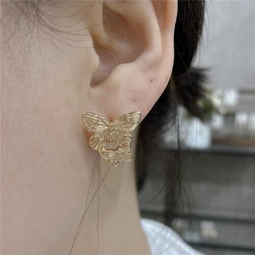 Sweet Lovely Gold Color Plating Textured Twin Butterfly Stud Earrings For Women Girl Elegant Gorgeous Cute Jewelry Accessory