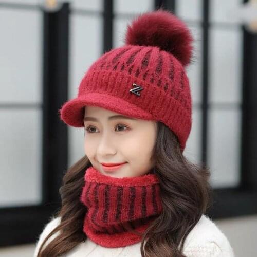 Knitted Faux Fur Pompom For Hats Scarf 2 Piece Set Women Winter Warm Caps Fashion Skullies Beanie Casual Female Hat High Quality