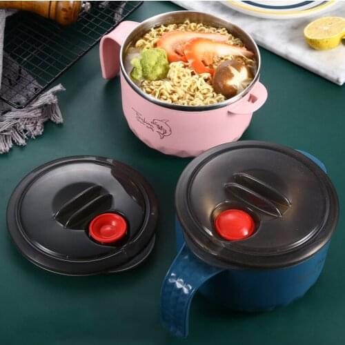 1200ml Stainless Steel Instant Noodle Bow Rice Soup Bowl With Lid Handle Tableware