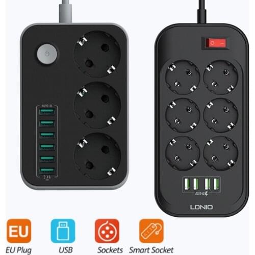 LDNIO EU Plug Smart Electrical Socket Extension Power Strip 3.4A 4 USB Charger Adapter 6 Outlet Surge Protection Switch Home