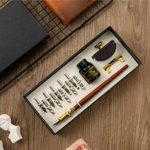 Vintage Dip Pen Fountain Writing Ink 10 Nibs Ink Blotter Gift Box Calligraphy Stationery School Office Supplies